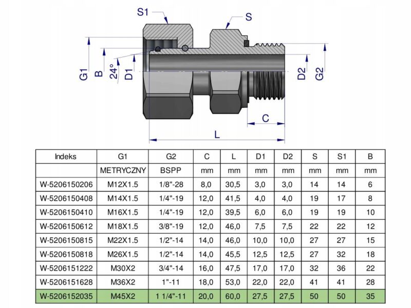 Przyłączka hydrauliczna AB (EVGE) M45x2 35L x 1 1/4" BSP ED Waryński