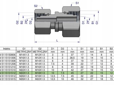 Złączka hydrauliczna metryczna AA M22x1.5 15L x M18x1.5 12L Waryński ( sprz