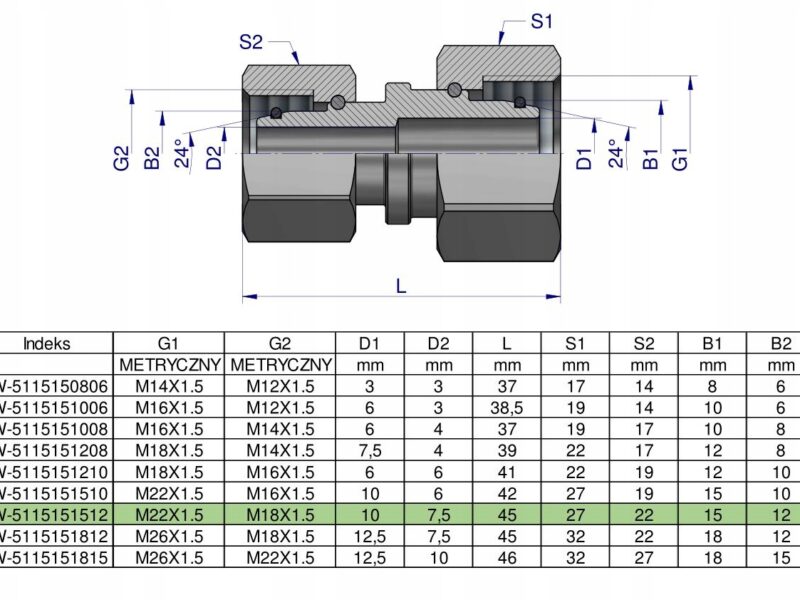 Złączka hydrauliczna metryczna AA M22x1.5 15L x M18x1.5 12L Waryński ( sprz