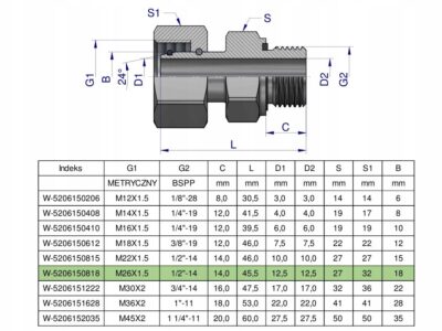 Przyłączka hydrauliczna AB (EVGE) M26x1.5 18L x 1/2" BSP ED Waryński