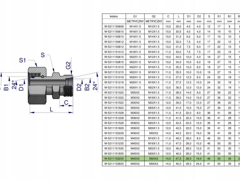 Złączka hydrauliczna metryczna AB (XKOR) A-M45x2 35L / B-M30x2 22L Waryński