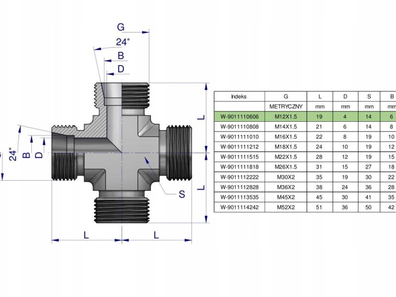 Czwórnik hydrauliczny metryczny BBBB M12x1.5 06L Waryński