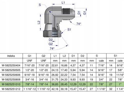 Kolanko hydrauliczne calowe AB 7/8" UNF (JIC) Waryński