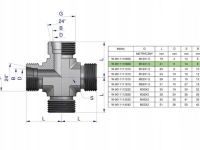Czwórnik hydrauliczny metryczny BBBB M14x1.5 08L Waryński