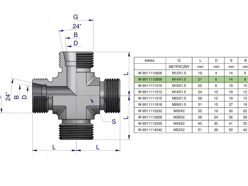 Czwórnik hydrauliczny metryczny BBBB M14x1.5 08L Waryński