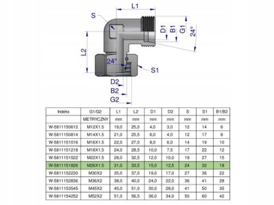 Kolanko hydrauliczne metryczne AB M26x1.5 18L (XEVW) Waryński