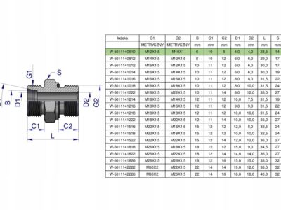 Przyłączka hydrauliczna metryczna BB (XGE) M12x1.5 06L x M10x1 ED Waryński