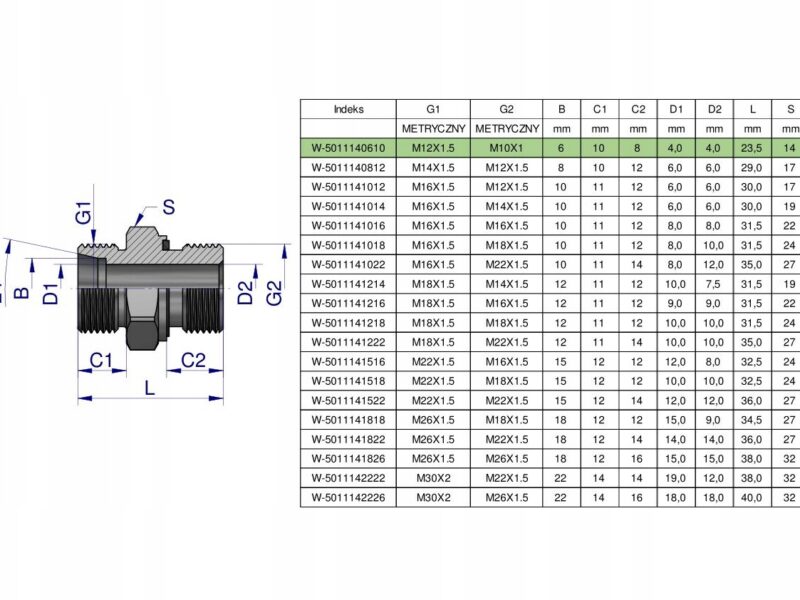 Przyłączka hydrauliczna metryczna BB (XGE) M12x1.5 06L x M10x1 ED Waryński