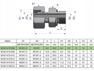 Przyłączka hydrauliczna metryczna AB (EVGE) M12x1.5 06L x M10x1 ED Waryński