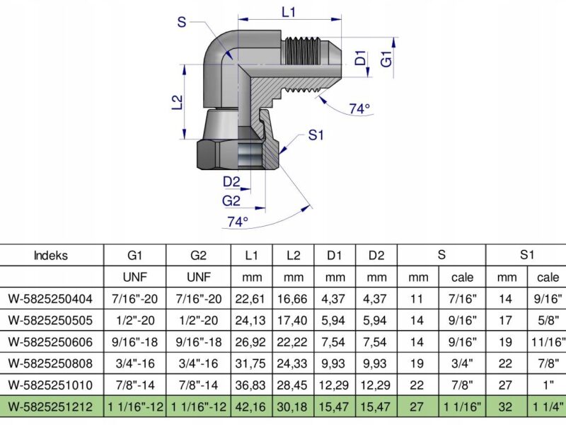 Kolanko hydrauliczne calowe AB 1 1/16" UNF (JIC) Waryński