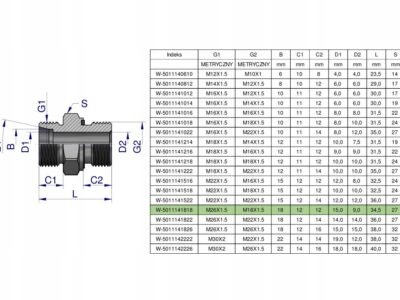 Przyłączka hydrauliczna metryczna BB (XGE) M26x1.5 18L x M18x1.5 ED Waryńsk