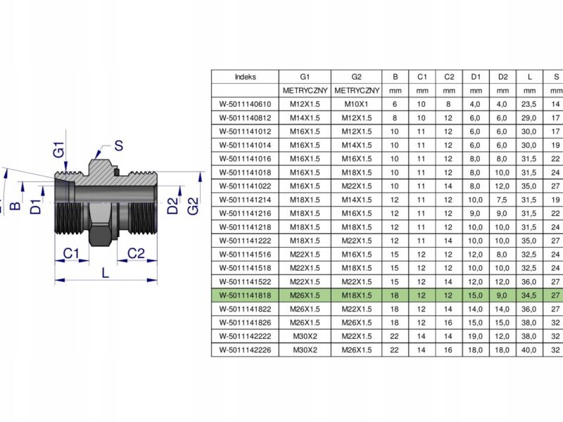 Przyłączka hydrauliczna metryczna BB (XGE) M26x1.5 18L x M18x1.5 ED Waryńsk