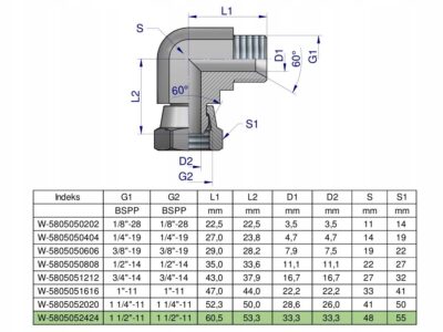 Kolanko hydrauliczne calowe AB 1 1/2" BSP Waryński