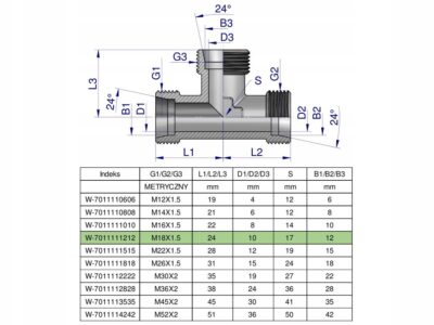 Trójnik hydrauliczny metryczny BBB M18x1.5 12L (XT) Waryński ( sprzedawane