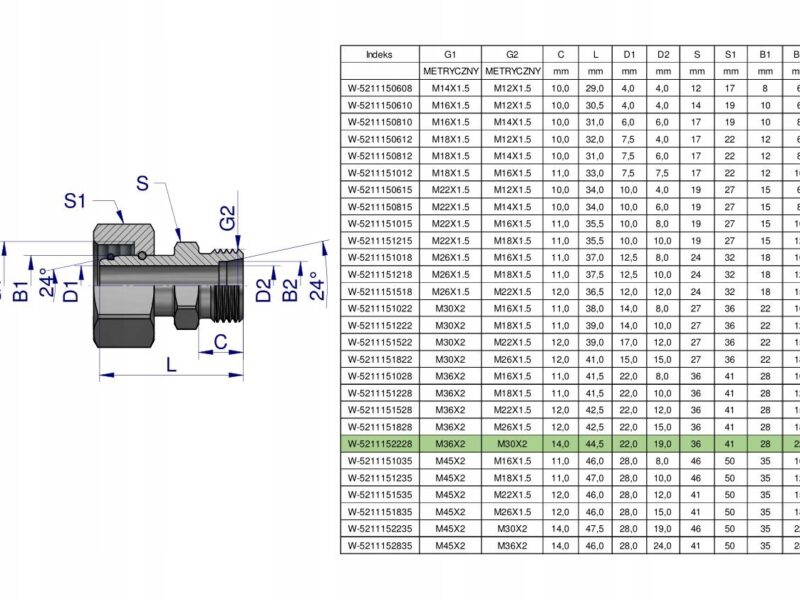 Złączka hydrauliczna metryczna AB (XKOR) A-M36x2 28L / B-M30x2 22L Waryński