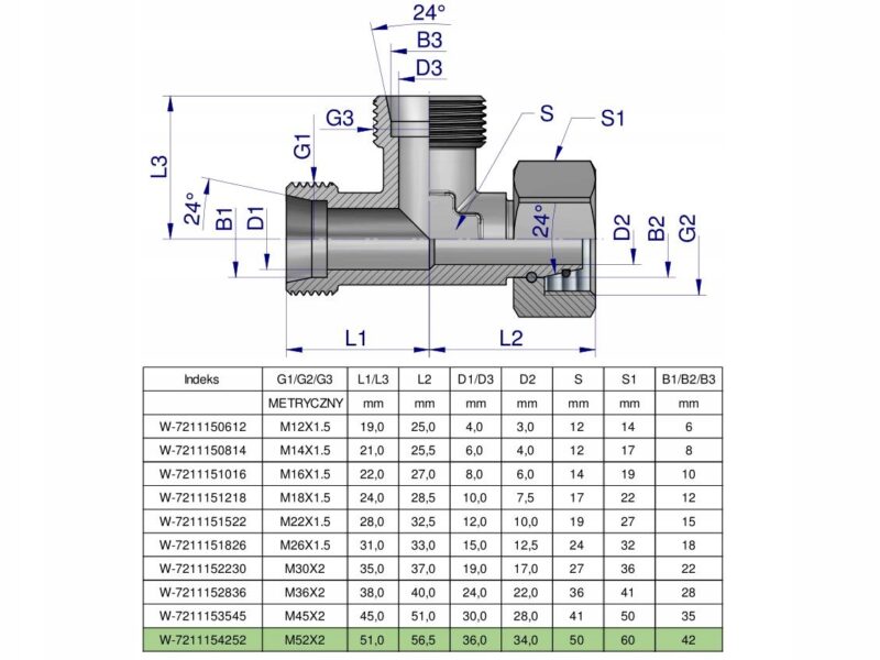 Trójnik hydrauliczny niesymetryczny metryczny BBA M52x4 42L (XEVL) Waryński