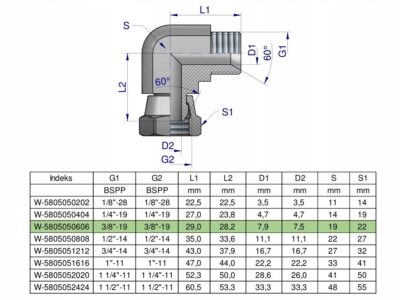 Kolanko hydrauliczne calowe AB 3/8" BSP Waryński