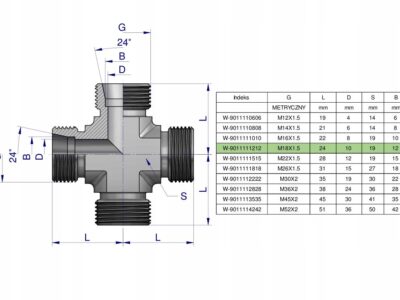 Czwórnik hydrauliczny metryczny BBBB M18x1.5 12L Waryński