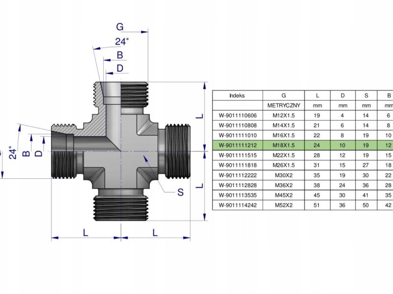 Czwórnik hydrauliczny metryczny BBBB M18x1.5 12L Waryński