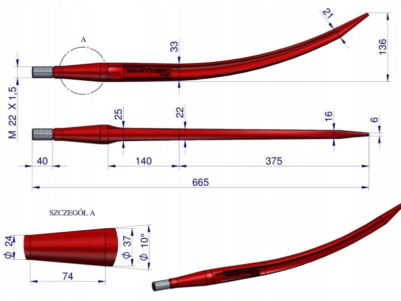 Ząb ładowacza czerwony wygięty zamykający L- 680 mm chwytak (krokodyl) zas.