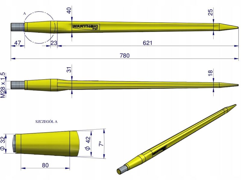 Ząb ładowacza CIĘŻKI uniwersalny prosty L- 780 mm Tur na tuleję W-5791200 W