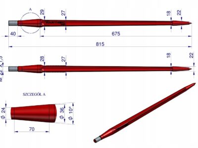 Ząb ładowacza uniwersalny czerwony prosty L- 810 mm zastosowanie 5193-FT1N Tur WARYŃSKI W9132-810P